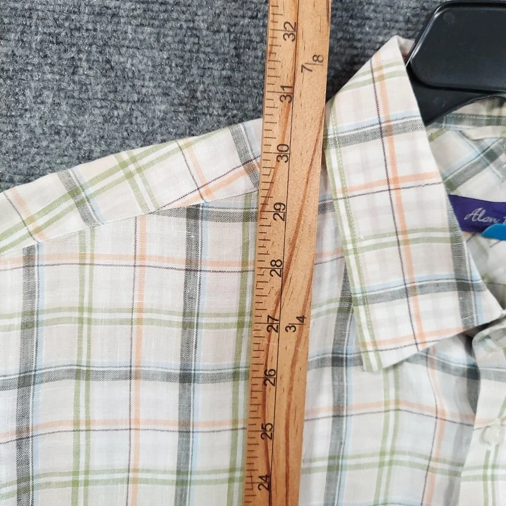 Alan‎ Flusser Shirt Mens XL Multicolor Plaid Short Sleeve Linen Button Up Casual